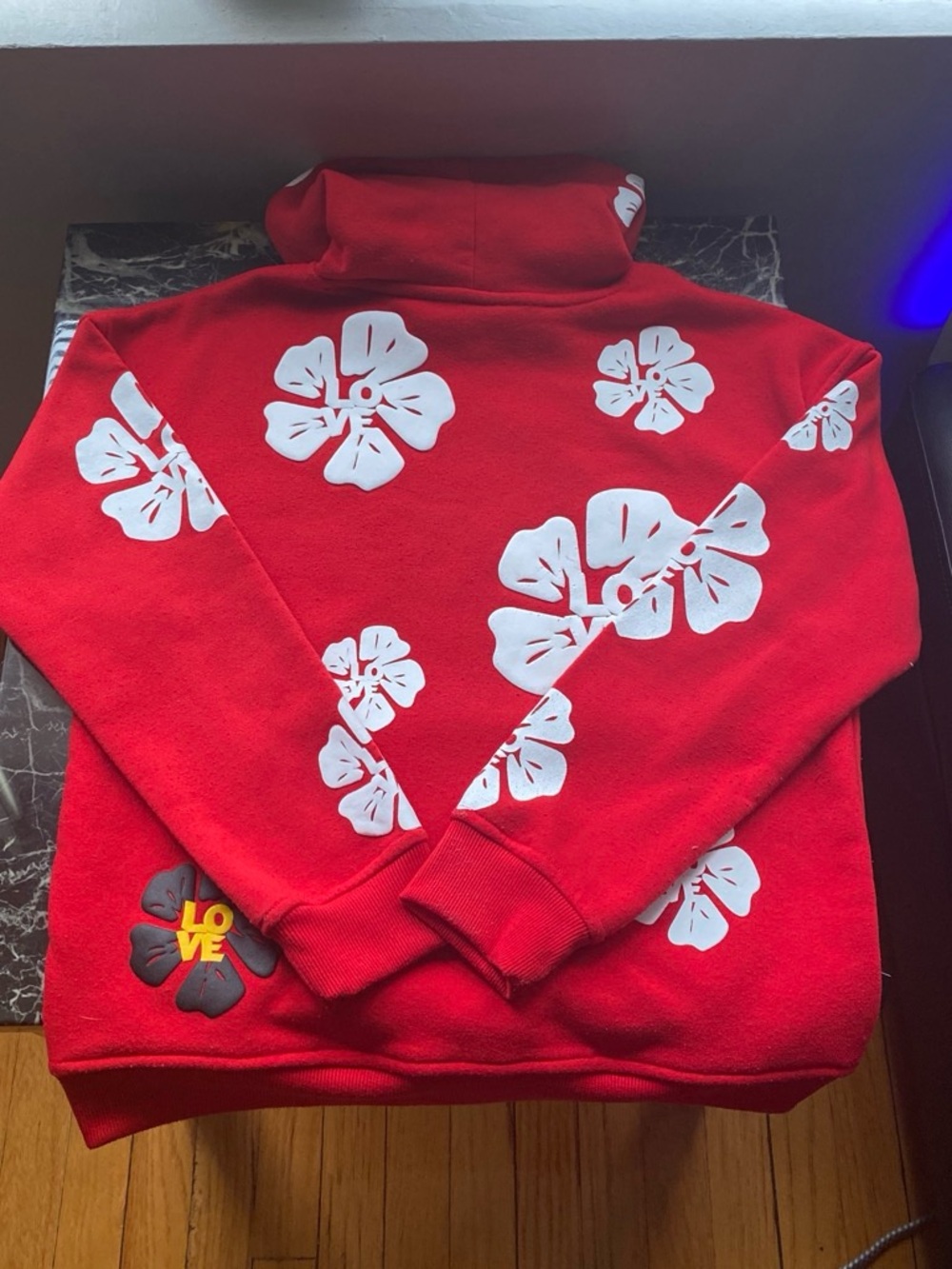 Men's Red Turtleneck Sweater with White Floral Print